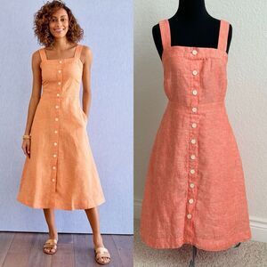 TALBOTS Linen Fit & Flare Dress Women’s 14P Salmon/Peach Button Down Coastal